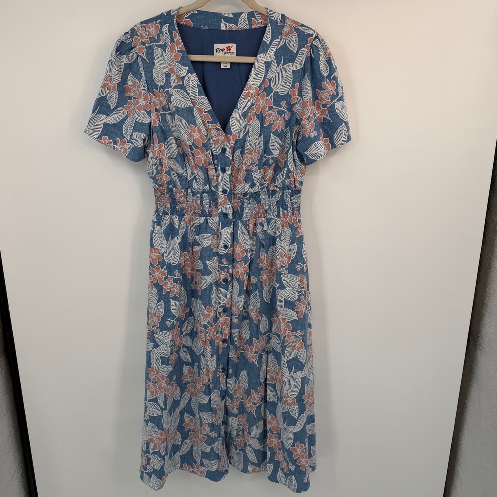 Reyn Spooner Limited Issue Blue Floral Smocked Waist Button Front Midi Dress Lg